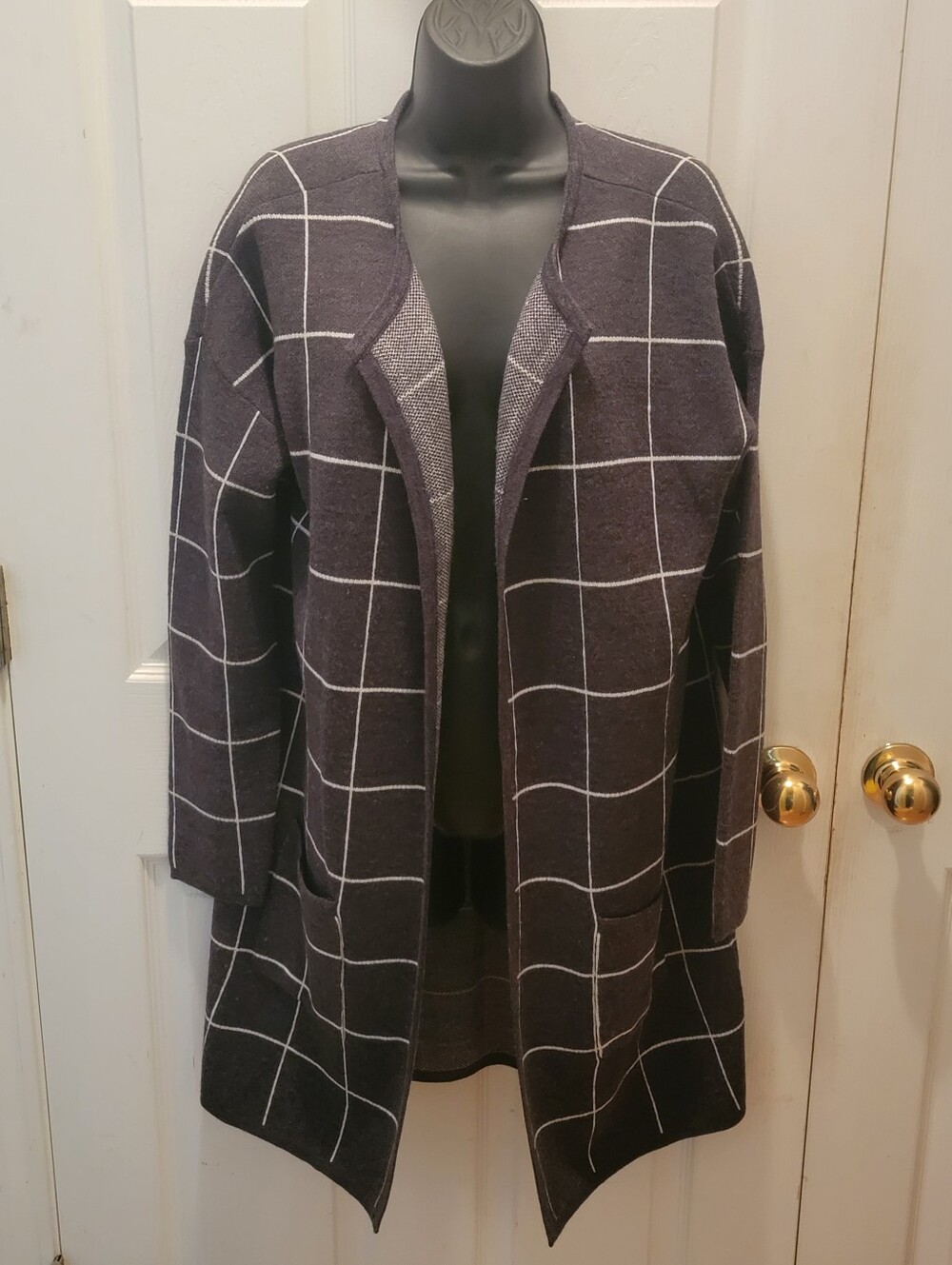 The Limited Gray Windowpane Grid Open Front Duster Cardigan Sweater - Size Med